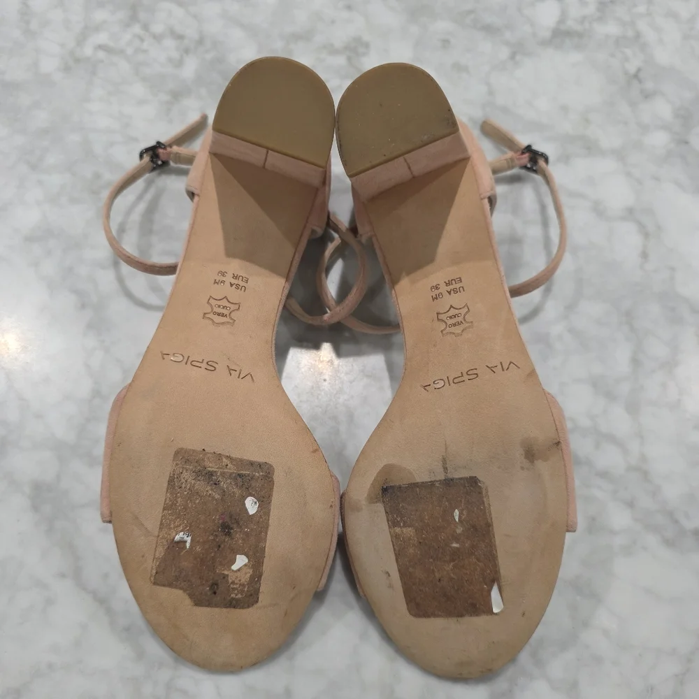 NEW Via Spiga Suede‎ Pink Nude Open Toe Block Heels 9